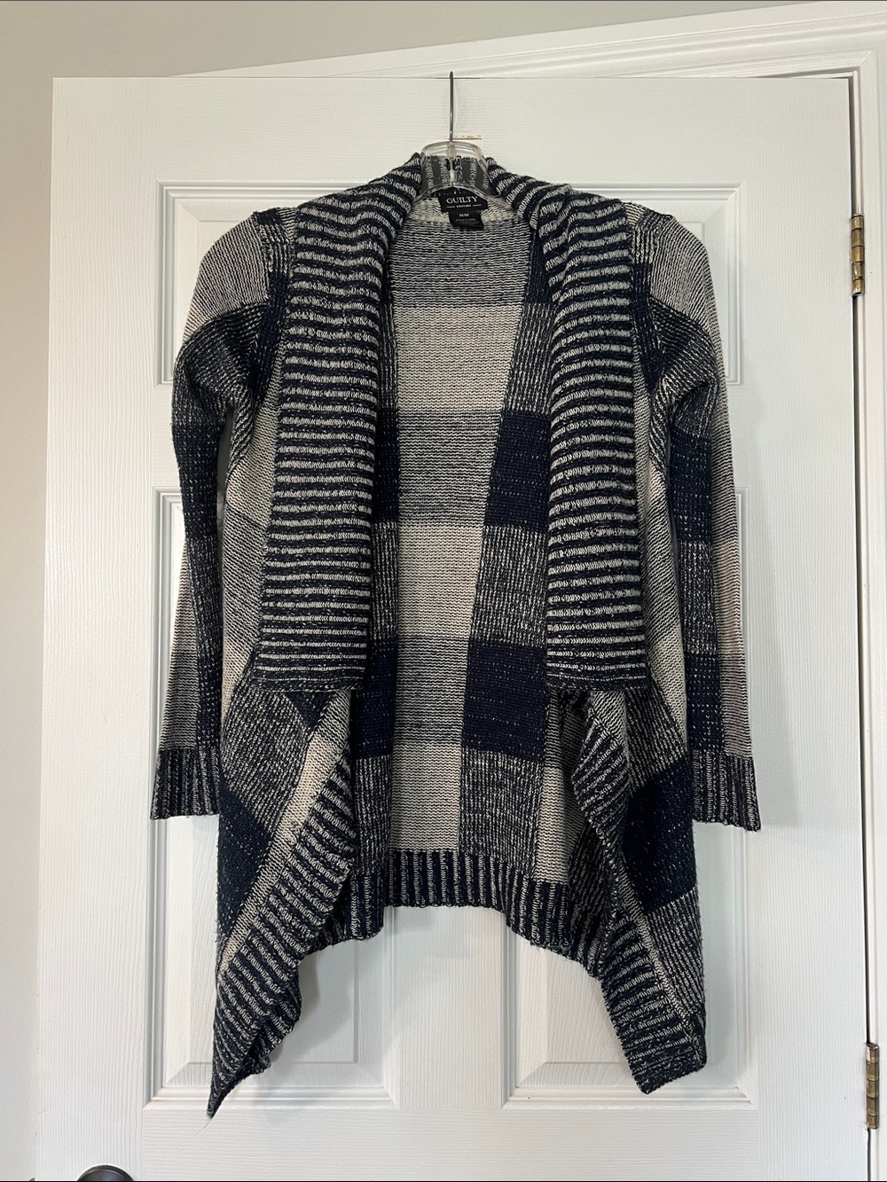 Navy and Cream Open-Front Plaid Cardigan